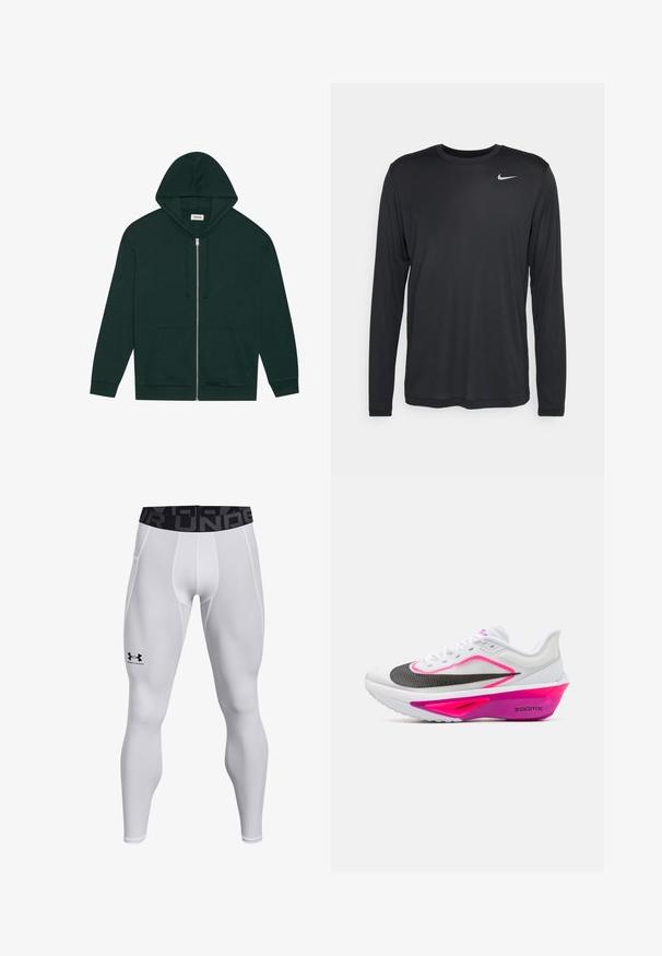Tmavozelená zipsová mikina vyrobená z jemného materiálu, s predným vreckom, sťahovacími šnúrkami a podšívkou kapucne. Má rebrované manžety a lem.; Čierne tričko Nike s dlhými rukávmi vyrobené z ľahkého materiálu. Obsahuje okrúhly výstrih a malé biele logo Nike na hornej ľavej strane hrude.; Biele športové legíny so zvýrazneným strihom, elastickým pásom s čiernym logom a hladkou textúrou. Vhodné na športové aktivity.; Nike Performance ZOOM FLY 6 - Cestná bežecká obuv - white/black/vivid grape/hyper pink/hydrangeas/dark raisin