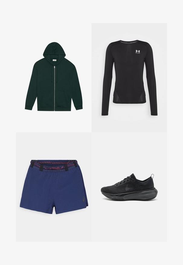 Dark green zip-up hoodie made of soft fabric with a front pocket, drawstrings, and a lined hood. Features ribbed cuffs and hem.; Black long-sleeve athletic shirt made from smooth, lightweight fabric. Features a fitted design and mesh side panels. Under Armour logo on chest.; Navy blue shorts featuring a textured fabric, contrasting red and black patterned waistband, and side slit for flexibility.; Black running shoe with a textured knit upper, flat laces, and a thick cushioned sole. Features a loop at the heel for easy wear.