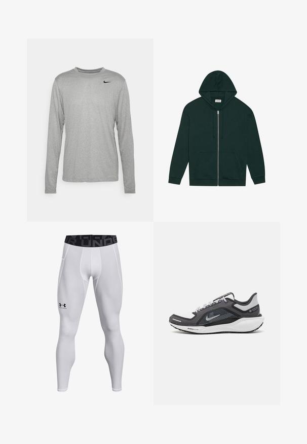 Tmavozelená zipsová mikina vyrobená z jemného materiálu, s predným vreckom, sťahovacími šnúrkami a podšívkou kapucne. Má rebrované manžety a lem.; Sivá dlhá mikina s dlhým rukávom vyrobená z hladkej tkaniny, s okrúhlym výstrihom a malým čiernym logom Nike v hornej ľavej časti.; Biele športové legíny so zvýrazneným strihom, elastickým pásom s čiernym logom a hladkou textúrou. Vhodné na športové aktivity.; Čierna a sivá športová obuv s vrchnou časťou z priedušného materiálu, reflexné akcenty a biely medzipodrážka. Obsahuje štruktúrovanú gumovú podrážku a šnúrky.