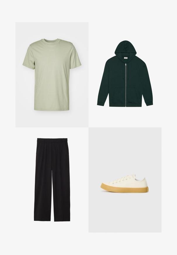 Tamsiai žalia užtrauktuku užsiseganti džemperis, pagamintas iš minkštos medžiagos, su priekinėmis kišenėmis, raišteliais ir pamuštu gobtuvu. Yra raukšlėti rankogaliai ir apatinės dalies kraštas.; Šviesiai žalia medvilninė marškinėliai su apvaliu kaklu, trumpomis rankovėmis ir subtiliu prekės ženklo logotipu, atspausdintu krūtinės centre.; Juodos platėjančios kelnės su pločiu priekiniu raukiniu, šoninėmis kišenėmis ir lygiu audiniu. Sukurtos patogiam prigludimui.; Oficio drobės sneakeriai baltai kreminės spalvos, su apvaliu galiuku, su smėlio spalvos guminiais padais ir penkiomis skylėmis raištams, turintys tekstūruotą viršutinę dalį.