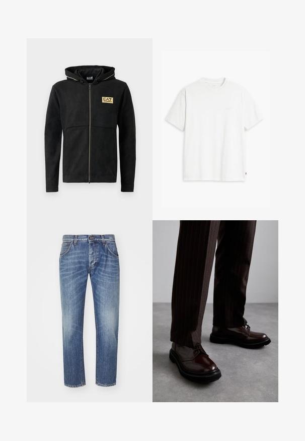 Sudadera con cremallera negra hecha de material suave, con un logo dorado en el pecho, cremallera en contraste y capucha con cordón.; Camiseta de algodón blanca con mangas cortas, cuello redondo y sutil logo de Levi's impreso en el centro. Textura suave y ajuste estándar.; Vaqueros de mezclilla azul claro con un diseño de pierna recta, que cuentan con cinco bolsillos, cierre de botón y una textura desgastada para un aspecto envejecido.; Zapatos de cuero marrón con cordones y un acabado brillante, suela de goma negra y costuras sutiles. Llevados con pantalones marrón de rayas.