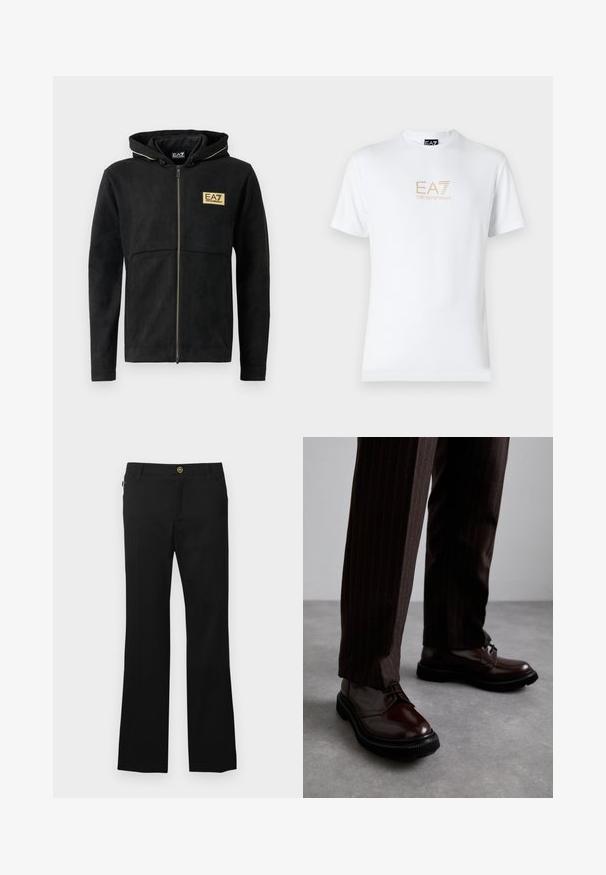 Črna zip-up kapuca iz mehkega materiala, z zlatim logotipom na prsih, kontrastnim zadrgo in kapuco na vrvico.; Bela bombažna majica s krožnim izrezom in kratkimi rokavi, s pozlačenim logotipom EA7 Emporio Armani natisnjenim spredaj.; Črne hlače iz bombažnega mešanega blaga z ravnimi hlačnicami, sprednjimi žepi in zlatim gumbom kot poudarkom na pasu.; Bordeaux usnjeni čevlji na vezanje z leskom, črnim gumijastim podplatom in diskretno šivanjem. Nosi se z rjavo prugastimi hlačami.