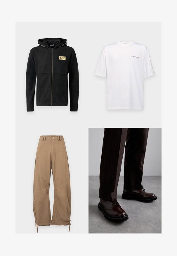 Melnā zip-up kapuce, kas izgatavota no mīksta materiāla, ar zelta logotipu uz krūtīm, kontrastējošu rāvējslēdzēju un regulējamu kapuci.; Baltas īsām piedurknēm T-kreklis no kokvilnas ar V veida kakla izgriezumu, uz kura kreisajā pusē ir melns "FILLING PIECES" logo.; Kravas bikses gaiši brūnā audumā ar divām sānu kabatām, brīva piegriezuma, ar aukliņu apakšmalās un pogas aizdari viduklī.; Brūni ādas šņorējami apavi ar spīdīgu apdari, melna gumijas zole un smalki satīti šuvumi. Valkāti ar svītrainām brūnām biksēm.