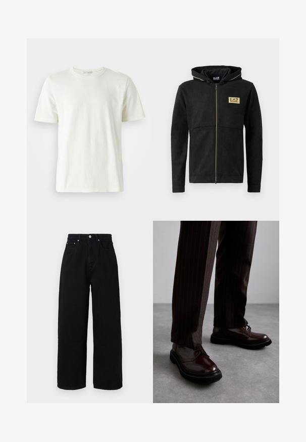 Čierna mikina na zips vyrobená z mäkkého materiálu, s zlatým logom na hrudi, kontrastným zipsom a kapucňou so sťahovacou šnúrkou.; Svetlo krémové bavlnené tričko s okrúhlym výstrihom a krátkymi rukávmi. Hladká textúra, jednoduchý dizajn a uvoľnený strih. Žiadne vzory ani akcenty.; Čierne široké nohavice z bavlny, s vysokým pásom, prednými vreckami, strieborným gombíkom a čistým lemovaním.; Hnedé kožené šnurovacie topánky s lesklým povrchom, čierna gumová podrážka a jemné švy. Nosené s hnedými prúžkovanými nohavicami.