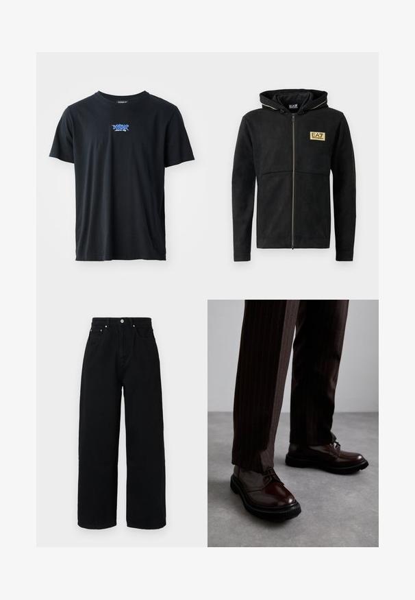 Črna zip-up kapuca iz mehkega materiala, z zlatim logotipom na prsih, kontrastnim zadrgo in kapuco na vrvico.; Črna bombažna majica s kratkimi rokavi in okroglim izrezom. Na prsih ima modro logo. Preprost, klasičen dizajn.; Črne široke hlače iz bombaža, z visokim pasom, sprednjimi žepi, srebrnim gumbom in čistim robom.; Bordeaux usnjeni čevlji na vezanje z leskom, črnim gumijastim podplatom in diskretno šivanjem. Nosi se z rjavo prugastimi hlačami.