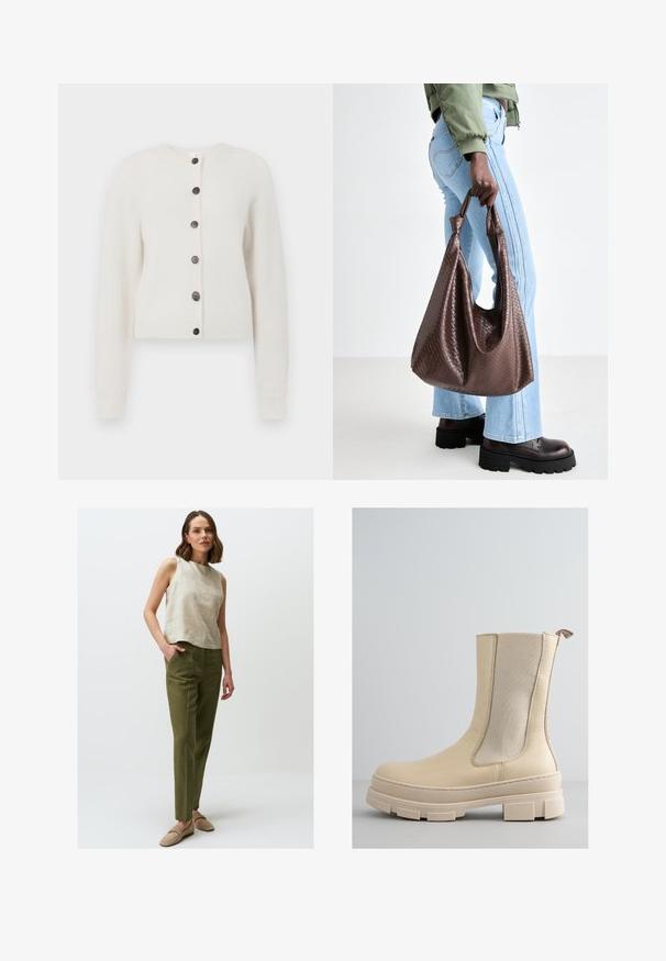 Weicher, weißer Strickcardigan mit langen Ärmeln, gerippten Bündchen und Saum sowie sechs dunklen Knöpfen in der Mitte vorne.; Junge Frau mit langen blonden Haaren, die ein ärmelloses weißes Top und schwarze Hosen trägt, steht vor einem schlichten hellen Hintergrund.; Beige Leinen-Hemdtopp ohne Ärmel mit rundem Ausschnitt, kombiniert mit grünen, geraden Hosen. Das Model trägt hellbeige Slipper.; Beige Knöchelstiefel mit einem glatten Lederobermaterial und elastischen Seitenpaneelen. Verfügt über eine dicke, strukturiert Sohle mit einem Profil-Design und einem Zuglasche.; Braune gewebte Leder-Handtasche mit geknoteten Griffen, die von einer Person in hellblauen Jeans und schwarzen klobigen Schuhen getragen wird. Glatte, strukturierte Oberfläche.