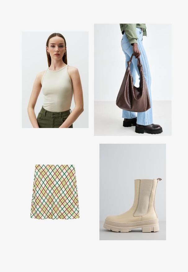 Zachte witte gebreide cardigan met lange mouwen, geribde manchetten en zoom, en zes donkere knopen in het midden van de voorkant.; Lichtbeige geribbelde tanktop met een hoge halslijn en smalle bandjes, gecombineerd met donkergroene high-waisted broek met zijzakken.; Witte A-lijn rok met een groen, bruin en geel kruislingse ruitpatroon, knie-lengte, weergegeven op een witte achtergrond.; Beige enkelboot met een gladleren bovenwerk en elastische zijpanelen. Voorzien van een dikke, gestructureerde zool met een profielontwerp en een lus om aan te trekken.; Bruine gevlochten leren tote bag met geknoopte handvatten, gedragen door een persoon in lichtblauwe spijkerbroek en zwarte Chunky schoenen. Gladde, textuurrijke oppervlakte.