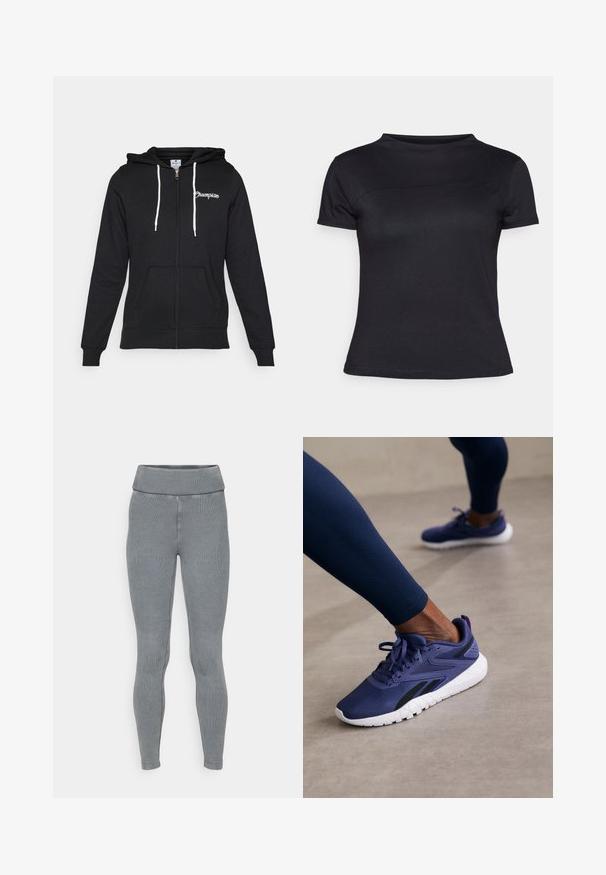 Champion GRAPHIC FULL ZIP HOODIE - Užtrauktuku užsegamas treningas - black; Juodas trumpas rankovėmis marškinėliai pagaminti iš medvilnės mišinio, su apvaliu kaklu ir lygiu paviršiumi, be matomų logotipų ar raštų.; Pilkos striukinės legging'os, turinčios platų elastinį juosmenį ir siaurėjantį siluetą. Pagamintos iš tamprios medžiagos su lygiu paviršiumi.; Purpurinės sportinės bateliai su tinklelio viršumi, juodais akcentais ir balta padu. Artima nuotrauka, rodančios raištelius ir tekstūruotas dizaino detales.