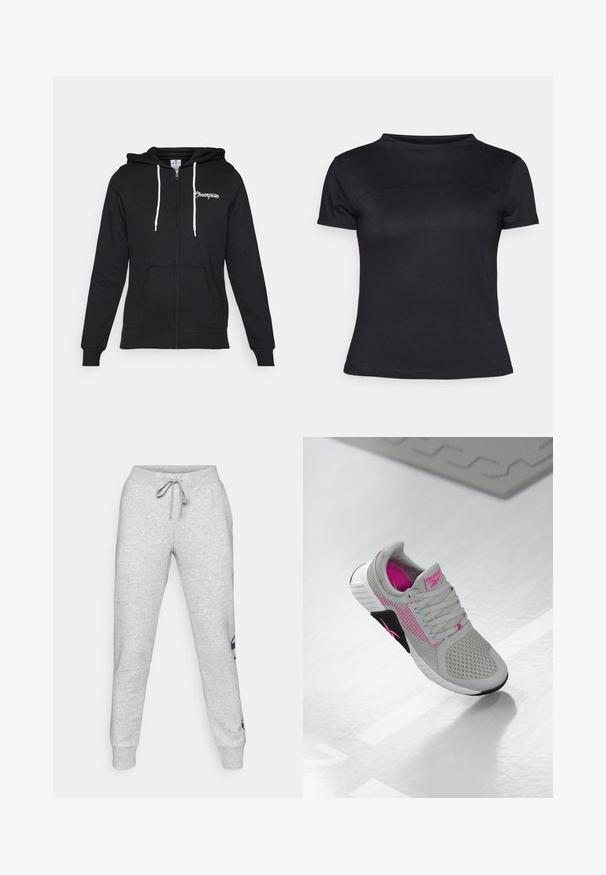 Champion GRAPHIC FULL ZIP HOODIE - Sweat zippé - black; T-shirt noir à manches courtes en tissu mélangé de coton, avec un col rond et une texture lisse, sans logos ni motifs visibles.; Pantalons de survêtement en coton gris avec une taille à cordon, des poignets ajustés et un logo bleu marine imprimé sur le côté gauche. Texture lisse et douce.; Baskets de sport Reebok grises et roses avec tige en mesh et semelle détaillée, présentées sur une surface blanche réfléchissante.