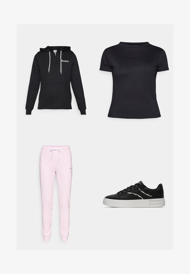 Champion GRAPHIC FULL ZIP HOODIE - Sweatjakke - black; Svart kortermet T-skjorte laget av bomullsblanding, med rund hals og glatt tekstur, uten synlige logoer eller mønstre.; Lyserøde joggebukser med snor i livet, elastiske mansjetter og en liten logo på venstre lår. Laget av myk, komfortabelt stoff.; Sorte lærersneakers med hvit såle, med tynne sølvdetaljer og snøring. Glatt tekstur med merkevaredetaljering på hælen.