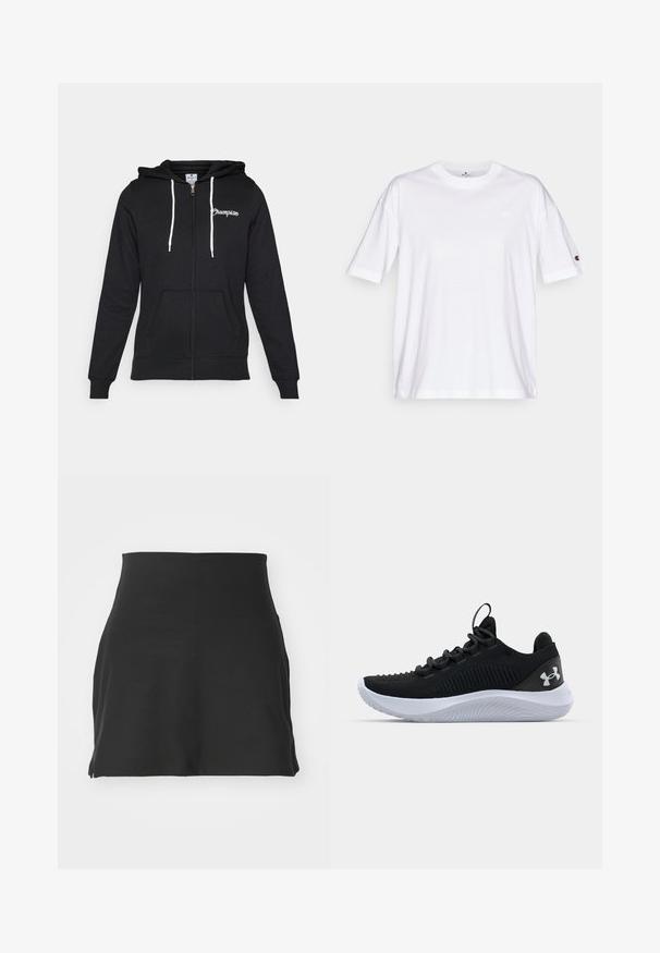 Champion GRAPHIC FULL ZIP HOODIE - Sweatjakke - black; Hvit bomulls t-skjorte med rund hals, korte ermer og en liten logo på venstre bryst. Har en avslappet passform og ensfarget design.; Svart mini-skjørt laget av elastisk stoff. Har en jevn tekstur, tettsittende design, høy midje, og sidesplitter for lettere bevegelse.; Sorte atletiske sko med en pustende mesh-overdel, teksturert detailing og en hvit gummisåle. Har flate snører og en pull-tab på hælen.