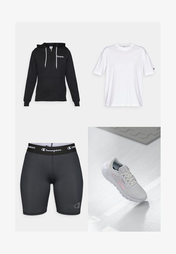 Champion GRAPHIC FULL ZIP HOODIE - Bluză de molton cu fermoar - black; Tricou alb din bumbac cu guler rotund, mâneci scurte și un logo mic pe partea stângă a pieptului. Prezintă o croială lejeră și o culoare solidă.; Shorts atletici negri cu un logo Champion și branding Combat pe o talie lată. Fabricate dintr-un material neted și elastic.; Încălțăminte sportivă gri deschis cu accente roz, supraporta din plasă, vârf rotunjit, talpă amortizată și sistem de șireturi. Suprafața este netedă și reflectorizantă.