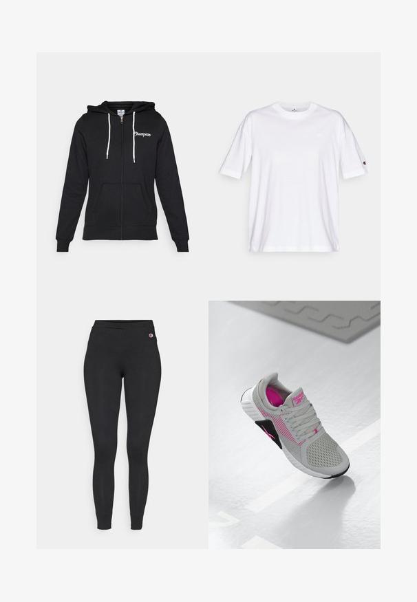Champion GRAPHIC FULL ZIP HOODIE - Bluză de molton cu fermoar - black; Tricou alb din bumbac cu guler rotund, mâneci scurte și un logo mic pe partea stângă a pieptului. Prezintă o croială lejeră și o culoare solidă.; Leggings negre ajustate cu talie elastică, având un logo mic Champion pe partea superioară stângă a șoldului.; Adidași sport Reebok gri și roz, cu partea superioară din plasă și talpă detaliată, expuși pe o suprafață albă reflexivă.