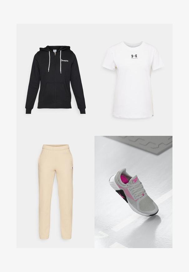 Champion GRAPHIC FULL ZIP HOODIE - Športna jopa s kapuco na zadrgo - black; Bela bombažna T-maica s kratkimi rokavi. Ima črn logotip Under Armour na prsih. Klasična zasnova s krožnim izrezom. Gladka tekstura.; Beige bombažne hlače za jogging z elastičnim pasom, stranskimi žepi in majhnim logotipom na levi nogi. Gladka tekstura in ozek kroj.; Sivi in roza Reebok športni čevlji z mrežastim zgornjim delom in podrobno podplatom, prikazani na odsevni beli površini.