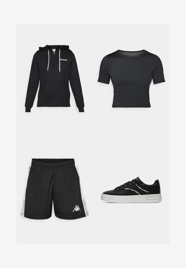Champion GRAPHIC FULL ZIP HOODIE - Majica s kapuljačom i patentnim zatvaračem - black; Crni kratki crop top s kratkim rukavima, izrađen od glatkog i rastezljivog materijala s okruglim izrezom i suptilnim šavovima na ramenima.; Crne atletske kratke hlače s bijelim bočnim panelima, elastičnom stražnjom trakom i bijelim logom koji prikazuje dvije sjedeće figure na donjem lijevom dijelu noge.; Crne kožne tenisice s bijelim potplatom, s tankim srebrnim naglascima i dizajnom s vezicama. Glatka tekstura s brendiranim detaljem na peti.
