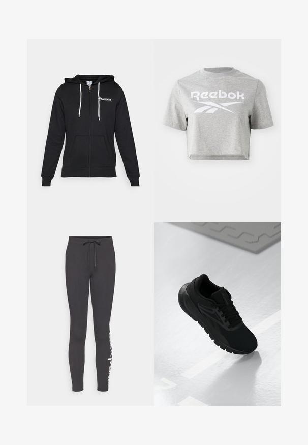 Champion GRAPHIC FULL ZIP HOODIE - Športna jopa s kapuco na zadrgo - black; Siva skrajšana majica iz bombaža, z okroglo ovratnico in kratkimi rokavi, s belim napisom in logotipom "Reebok" natisnjenim spredaj.; Črne trenirke z vrvico v pasu in belim logotipom na levi strani. Narejene iz mehke tkanine, ožji dizajn z oprijetimi manšetami.; Črne športne čevlje z mrežasto zgornjim delom, okroglo konico, oblazinjenim podplatom in teksturiranimi detajli, postavljeni na gladko belo površino.