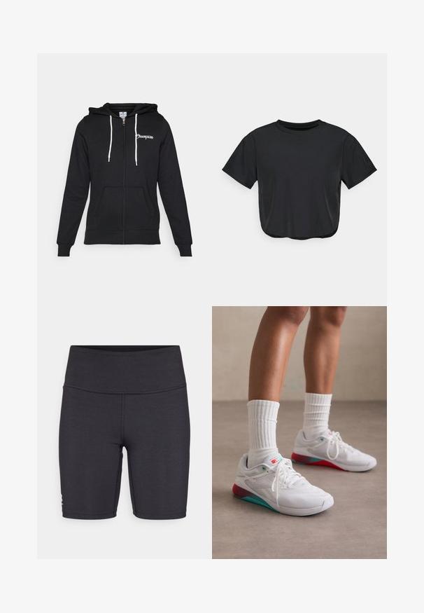 Champion GRAPHIC FULL ZIP HOODIE - Sweatjacke - black; Schwarzes, kurz geschnittenes T-Shirt aus weichem Material, mit Rundhalsausschnitt, kurzen Ärmeln und lockerer Passform. Dezente Nähte.; Schwarze Sportshorts aus dehnbarem Material mit hohem Bund und flachen Nähten. Für Komfort und Beweglichkeit konzipiert.; Weiße Sportschuhe mit einer strukturierten Oberseite, türkisfarbenen Akzenten und einer roten Ferse. Getragen mit gerippten weißen Socken. Verfügt über Schnürsenkel und Branding.