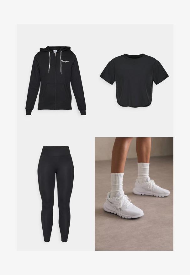 Champion GRAPHIC FULL ZIP HOODIE - Sweater met rits - black; Zwarte cropped t-shirt van zacht materiaal, met een ronde halslijn, korte mouwen en een ontspannen pasvorm. Subtiele stikdetails.; Zwarte leggings van rekbare stof, met een hoge taille, taps toelopende benen en omslagrokken, met een gladde, matte textuur.; Witte sportieve schoenen met textielstof, veters en zilveren accenten, gecombineerd met witte geribbelde sokken, tegen een neutrale vloer.