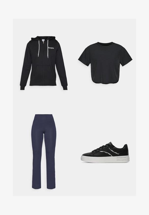 Champion GRAPHIC FULL ZIP HOODIE - Užtrauktuku užsegamas treningas - black; Juoda trumpa marškinėlių palaidinė, pagaminta iš minkštos medžiagos, su apvalia iškirpte, trumpomis rankovėmis ir laisvu siluetu. Subtilios siuvimo detalės.; Tamsiai mėlynos, priglundančios jogos kelnės su aukštu juosmeniu ir tiesiomis kojomis, pagamintos iš lygios, elastingos medžiagos. Nėra matomų raštų ar akcentų.; Juoda odinė sportinė avalynė su balta padu, turinti plonus sidabrinius akcentus ir raištelių dizainą. Lygus paviršius su prekės ženklo detalėmis ant kulno.
