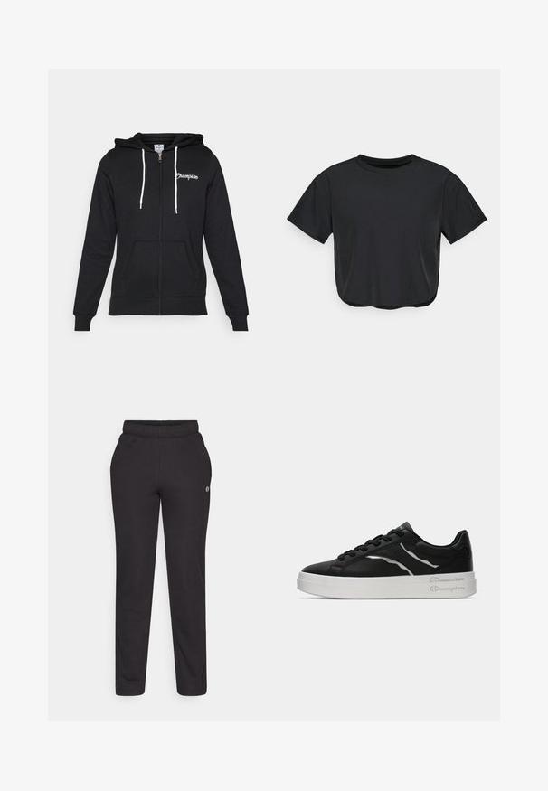Champion GRAPHIC FULL ZIP HOODIE - Cipzáras pulóver - black; Fekete, rövidített póló, puha anyagból készült, kerek nyakkivágással, rövid ujjas és laza szabással. Finom varrási részletek.; Fekete melegítőnadrág puha anyagból, rugalmas derékkal, egyenes szárakkal és egy kis logóval az oldalán.; Fekete bőr sportcipő fehér talppal, vékony ezüst akcentusokkal és fűzős kialakítással. Sima textúra, márkázott részletekkel a sarkán.