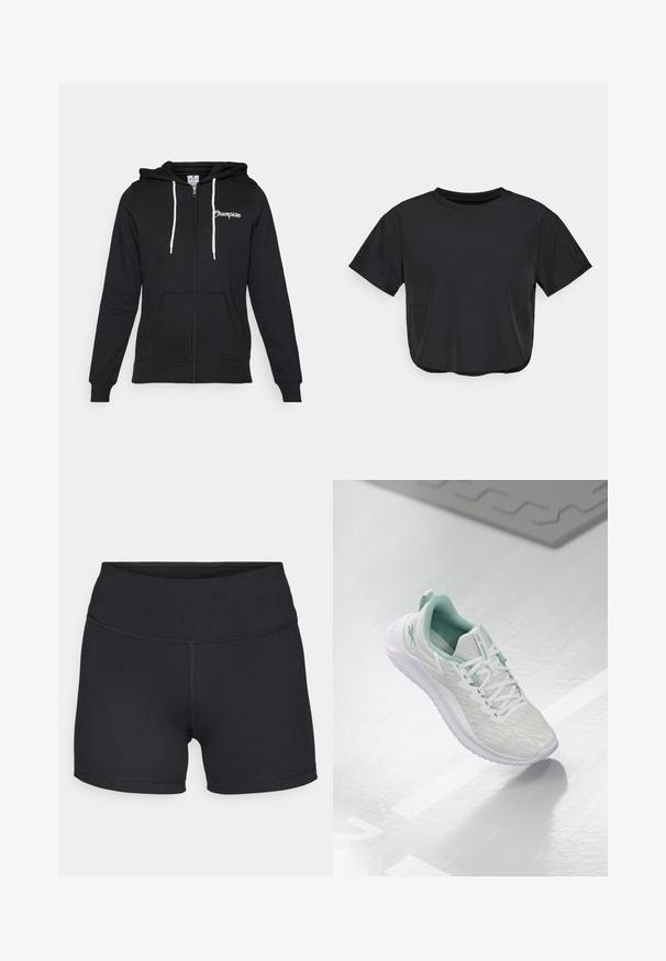 Champion GRAPHIC FULL ZIP HOODIE - Majica s kapuljačom i patentnim zatvaračem - black; Crni skraćeni majicu od mekog materijala, s okruglim izrezom, kratkim rukavima i opuštenim krojem. Suptilni detalji šivanja.; Champion TRAINING SOFT TOUCH BIKER SHORTS - Tajice - black; Svijetlosivi atletski tenisice s teksturiranim pletenim gornjim dijelom, mint zelenim detaljima, bijelim vezicama, gumeni potplat i petni nastavak.