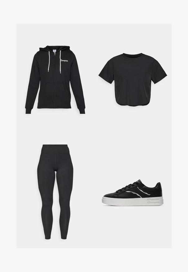 Champion GRAPHIC FULL ZIP HOODIE - Zip-up sweatshirt - black; Black cropped t-shirt made of soft material, featuring a round neckline, short sleeves, and a relaxed fit. Subtle stitching details.; Black high-waisted leggings with a smooth texture, form-fitting design, and no visible patterns or accents. Reinforced stitching along edges.; Black leather sneaker with white sole, featuring thin silver accents and lace-up design. Smooth texture with branded detailing on the heel.