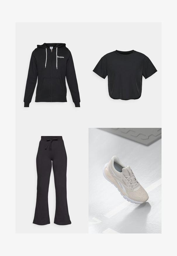Champion GRAPHIC FULL ZIP HOODIE - Sweatjakke - black; Svart croppet t-skjorte laget av mykt materiale, med rund halsutskjæring, korte ermer og en avslappet passform. Subtile sømdetaljer.; Sorte, utsvingte joggebukser laget av mykt stoff, med strikk og knyttebånd i livet og en glatt tekstur. Designet for komfort og enkel bruk.; Lys beige treningssko med perforert overdel, teksturerte detaljer, polstret krage og hvit gummisåle, designet for komfort og pusteegenskaper.