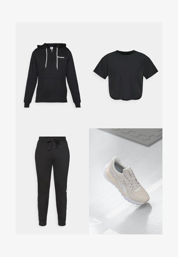 Champion GRAPHIC FULL ZIP HOODIE - Sudadera con cremallera - black; Camiseta corta negra hecha de material suave, con cuello redondo, mangas cortas y un ajuste relajado. Detalles de costura sutil.; Pantalones jogger negros ajustados con cintura con cordón, hechos de una tela suave. Cuentan con puños acanalados y un detalle de logo impreso en el lado.; Zapatilla deportiva de color beige claro con parte superior perforada, acentos texturizados, cuello acolchado y suela de goma blanca, diseñada para la comodidad y la transpirabilidad.