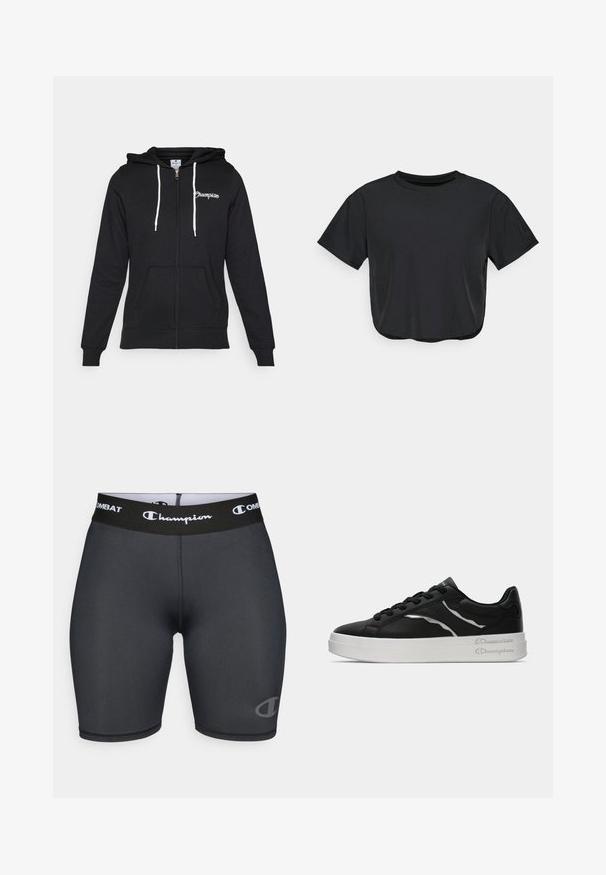 Champion GRAPHIC FULL ZIP HOODIE - Sweatjacke - black; Schwarzes, kurz geschnittenes T-Shirt aus weichem Material, mit Rundhalsausschnitt, kurzen Ärmeln und lockerer Passform. Dezente Nähte.; Schwarze Sportshorts mit einem Champion-Logo und Combat-Branding auf einem breiten Bund. Hergestellt aus glattem, dehnbarem Material.; Schwarze Leder-Sneaker mit weißer Sohle, ausgestattet mit dünnen silbernen Akzenten und Schnürdesign. Glatte Textur mit markenspezifischen Details an der Ferse.