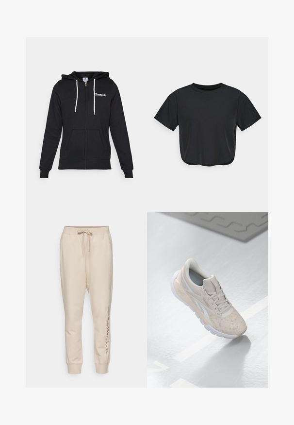 Champion GRAPHIC FULL ZIP HOODIE - Mikina so zipsom - black; Čierne skrátené tričko vyrobené z jemného materiálu, s okrúhlym výstrihom, krátkymi rukávmi a voľným strihom. Jemné detaily šitia.; Champion ICONS CUFF PANTS LARGE LOGO - Tepláky - beige; Svetlo béžová atletická obuv s perforovaným zvrškom, textúrovanými akcentmi, polstrovaným golierom a bielou gumovou podrážkou, navrhnutá pre pohodlie a priedušnosť.
