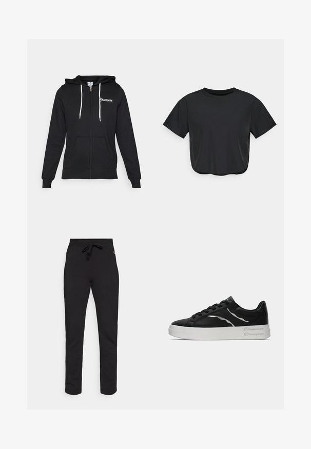 Champion GRAPHIC FULL ZIP HOODIE - Sweatjacke - black; Schwarzes, kurz geschnittenes T-Shirt aus weichem Material, mit Rundhalsausschnitt, kurzen Ärmeln und lockerer Passform. Dezente Nähte.; Schwarze Jogginghosen aus weichem Baumwollmaterial. Mit einem elastischen Bund und Kordelzug sowie einem enganliegenden Knöchelabschluss. Einfaches Design ohne Muster.; Schwarze Leder-Sneaker mit weißer Sohle, ausgestattet mit dünnen silbernen Akzenten und Schnürdesign. Glatte Textur mit markenspezifischen Details an der Ferse.
