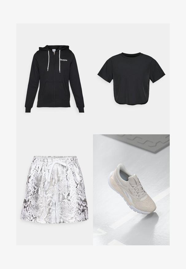 Champion GRAPHIC FULL ZIP HOODIE - Camisola com fecho - black; T-shirt cropped preto feito de material suave, com decote redondo, mangas curtas e um corte descontraído. Detalhes de costura subtis.; Calções metálicos prateados com um padrão de pele de cobra branca e prateada, apresentando uma cintura elástica e um cordão branco.; Shoe desportivo beige claro com parte superior perfurada, detalhes texturizados, colarinho acolchoado e sola de borracha branca, projetado para conforto e respirabilidade.