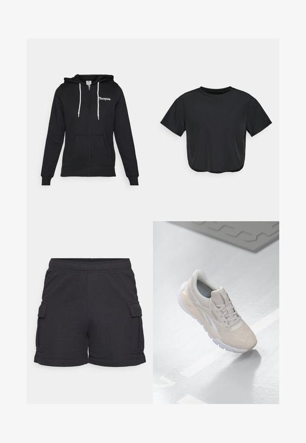 Champion GRAPHIC FULL ZIP HOODIE - Užtrauktuku užsegamas treningas - black; Juoda trumpa marškinėlių palaidinė, pagaminta iš minkštos medžiagos, su apvalia iškirpte, trumpomis rankovėmis ir laisvu siluetu. Subtilios siuvimo detalės.; Juodos cargo šortai, pagaminti iš minkštos, elastingos medžiagos. Yra šoninės kišenės, elastinga juosmens juosta ir apverstai apatinis kraštas.; Šviesiai smėliniai sportiniai batai su perforuotu viršumi, tekstūruotomis detalėmis, paminkštintu apvadu ir balta guma, sukurti komfortui ir kvėpuojamumui.