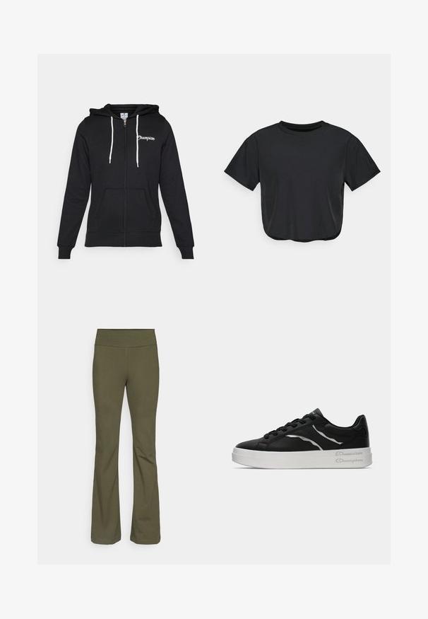 Champion GRAPHIC FULL ZIP HOODIE - Športna jopa s kapuco na zadrgo - black; Črna skrajšana majica z mehkega materiala, s krožnim izrezom, kratkimi rokavi in udobnim krojem. Diskretni šivni detajli.; Champion ICONS HIGH WAIST FLARE LEGGINGS - Pajkice - dark green; Črne usnjene teniske z belo podlogo, ki imajo tanke srebrne akcenta in vezalni dizajn. Gladka tekstura s logotipom na peti.