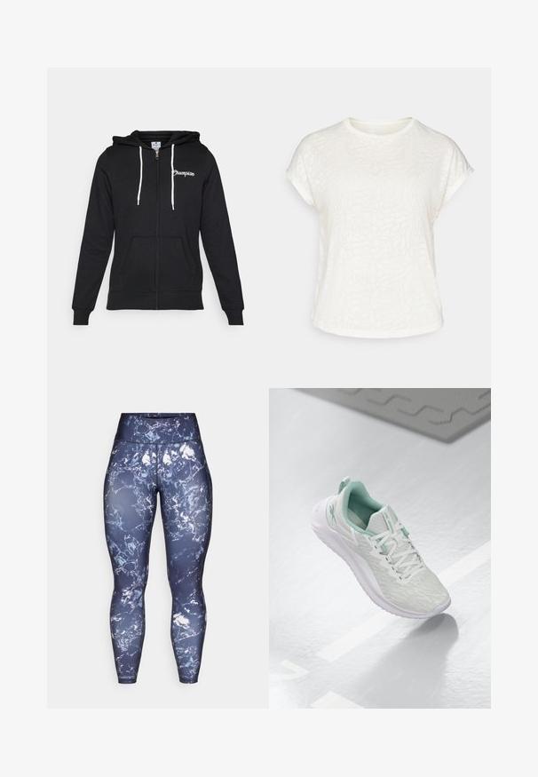Champion GRAPHIC FULL ZIP HOODIE - Sweater met rits - black; Witte t-shirt met korte mouwen, voorzien van een textuur met bloemenpatroon, ronde halslijn en een ontspannen pasvorm. Gemaakt van zachte, lichte stof.; Marineblauwe actieve leggings met een marmerpatroon in wit en lichtblauw, hoge taille, gemaakt van rekbaar, vochtafvoerend materiaal.; Lichtgrijze sportschoen met een gestructureerde gebreide bovenkant, mintgroene accenten, witte veters, rubberen zool en een trekkinglus op de hiel.