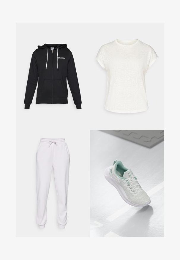 Champion GRAPHIC FULL ZIP HOODIE - Mikina so zipsom - black; Biele tričko s krátkym rukávom s textúrovaným kvetinovým vzorom, okrúhlym výstrihom a voľným strihom. Vyrobené z mäkkej, ľahkej tkaniny.; Svetlošedé tepláky vyrobené z mäkkej tkaniny, s elastickým pásom na šnúrku, bočnými vreckami a zúženými nohavicami s rebrovanými manžetami.; Svetlošedé športové topánky s štruktúrovaným pleteným zvrškom, mätozelenými akcentmi, bielymi šnúrkami, gumovou podrážkou a pútkom na päte.