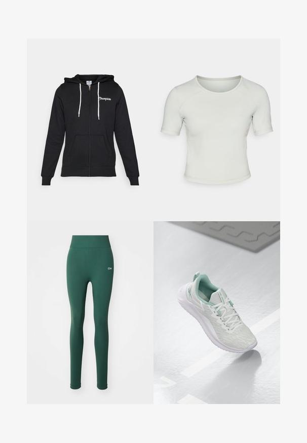 Champion GRAPHIC FULL ZIP HOODIE - Camisola com fecho - black; T-shirt ajustado de manga curta verde claro com decote redondo, textura suave e um logótipo discreto na parte frontal esquerda.; Leggings verdes com uma textura suave, cintura alta e detalhe discreto do logótipo na frente. Design ajustado e cobertura total.; Sapatilha atlética cinza claro com parte superior em malha texturizada, detalhes em verde menta, atacadores brancos, sola de borracha e etiqueta de puxar no calcanhar.