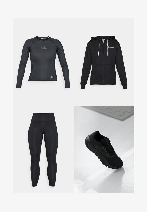 Champion GRAPHIC FULL ZIP HOODIE - Sweatjakke - black; Sort langærmet træningsskjorte lavet af strækbart materiale, med rund halsudskæring og logo-detalje på brystet og i kanten.; Sorte højtaljede leggings i fuld længde med glat stof og synlige sømdetaljer på fronten og taljebåndet.; Sort atletiksko med en mesh-overdel, rund tå, polstret sål og strukturerede detaljer, placeret på en glat hvid overflade.