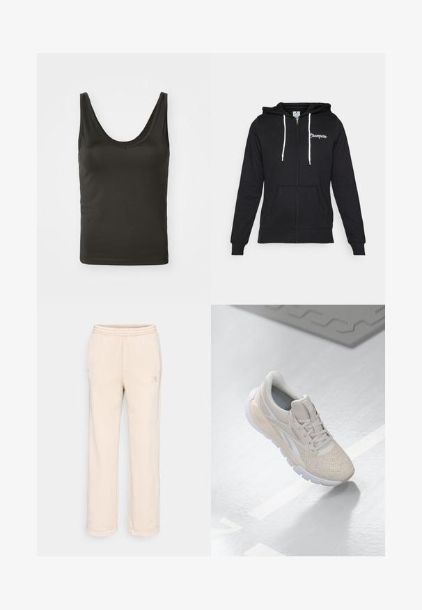 Champion GRAPHIC FULL ZIP HOODIE - Camisola com fecho - black; Top sem mangas preto com decote redondeado, feito de tecido liso e elástico. Design simples com bordas limpas, adequado para sobreposições.; Calças de moletom bege feitas de um tecido macio, com um cós elástico, dois bolsos laterais e um pequeno logótipo na perna esquerda.; Shoe desportivo beige claro com parte superior perfurada, detalhes texturizados, colarinho acolchoado e sola de borracha branca, projetado para conforto e respirabilidade.