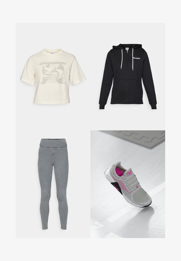 Champion GRAPHIC FULL ZIP HOODIE - Jaka ar rāvējslēdzēju - black; Kurtā krēmkrāsas kokvilnas t-krekls ar pelēku grafiku, kas attēlo abstraktas ainavas un vārdu "ČEMPIONS" treknā fontā.; Pelēkās ribotas leggingas ar platu elastīgu jostasvīru un sašaurinātu piegriezumu. Izgatavotas no elastīga materiāla ar gludu tekstūru.; Pelēki un rozā Reebok sporta kedas ar sieta augšdaļu un detalizētu zoli, novietotas uz atstarojošas baltas virsmas.