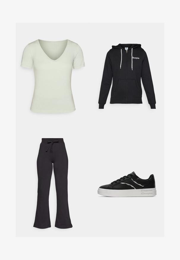 Champion GRAPHIC FULL ZIP HOODIE - Mikina so zipsom - black; Svetlozelené tričko s V-krkom, krátkymi rukávmi, priliehavého strihu, hladkej textúry a minimálnymi švovými detailmi. Mäkka, neformálny štýl.; Čierne rozšírené tepláky vyrobené z mäkkej látky, s opaskom na šnúrku a hladkou textúrou. Navrhnuté pre pohodlie a jednoduché nosenie.; Čierne kožené tenisky s bielou podrážkou, s tenkými striebornými akcentmi a viazaním. Hladký povrch s logom na päte.