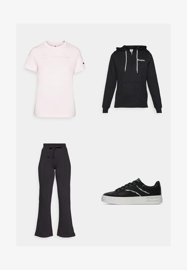 Champion GRAPHIC FULL ZIP HOODIE - Jaka ar rāvējslēdzēju - black; Gaiši rozā kokvilnas T-krekls ar īsām piedurknēm, kuram priekšpusē ir izšūts "Champion" logo un mazs logo uz piedurknes.; Melni zīmuļu bikses, kas izgatavotas no mīkstas auduma, ar auklu jostasvietā un gludu struktūru. Izstrādātas komfortam un vieglai valkāšanai.; Melnas ādas tenisu kurpes ar baltu zoli, ar plānām sudraba akcentu un auklu dizainu. Gluda tekstūra ar zīmola detaļām uz papēža.