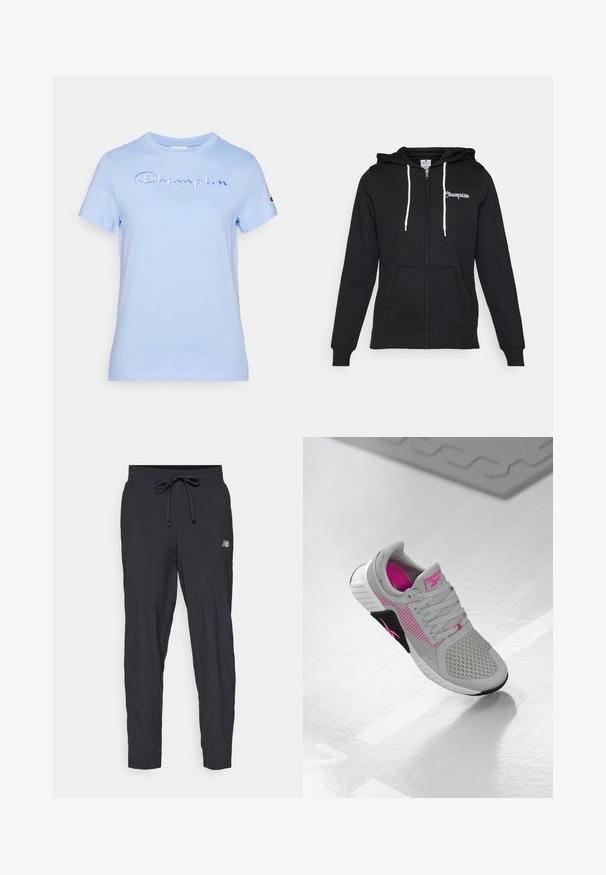 Champion GRAPHIC FULL ZIP HOODIE - Cipzáras pulóver - black; Világoskék pamut póló rövid ujjal, sötétkék hímzett "Champion" logóval a mellkason. Klasszikus kerek nyakkivágás.; Fekete futónadrág, könnyű anyagból készült, elasztikus derékkal és állítható húzózsinórral. Az oldalon egy kis logó található.; Szürke és rózsaszín Reebok sportcipő, hálós felső résszel és részletes talppal, tükröződő fehér felületen kiállítva.