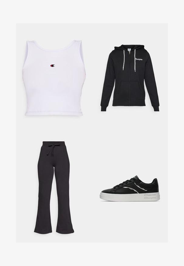 Champion GRAPHIC FULL ZIP HOODIE - Lukuga pusa - black; Valge sooniline top, ümmarguse kaelusega, millel on rindade keskosas väike punane ja must tikandiga logo.; Mustad mustad dressipüksid, mis on valmistatud pehmest kangast, millel on nööriga vöökoht ja sile tekstuur. Kavandatud mugavuseks ja lihtsaks kandmiseks.; Must musta kingad valge tallaga, õhukeste hõbedaste detailidega ja nööpidega kujundusega. Sile tekstuur ja bränditud detailid kandadel.