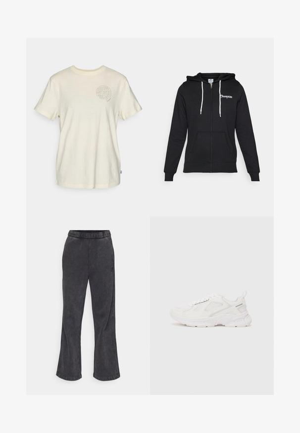Champion GRAPHIC FULL ZIP HOODIE - Majica s kapuljačom i patentnim zatvaračem - black; Majica kratkih rukava od svijetlo bež pamuka, sa okruglim grafičkim dizajnom i natpisom "VIDIMO SE OVDJE" te elementima prirode na prsima.; Flare pantalone od tkanine tamno sive boje s mekim teksturom. Imaju elastičnu traku u struku i izvezeni logotip sa strane.; Champion RT25 - Tenisice za trening - white/light grey