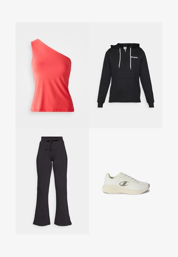 Champion GRAPHIC FULL ZIP HOODIE - Sweatjacke - black; Asymmetrisches Korallen-Tanktop aus glattem, elastischem Material, mit einem einseitigen Träger und einer figurschmeichelnden Silhouette.; Schwarze, weit geschnittene Sweatpants aus weichem Material, mit einem Bund zum Kordelzug und glatter Textur. Entworfen für Komfort und einfache Tragbarkeit.; Weißer Sportschuh mit Mesh-Obermaterial und runder Zehenpartie. Verfügt über eine strukturierte Sohle, Schnürung vorne und ein schwarzes Logo an der Seite. Leichtgewichtige Konstruktion.