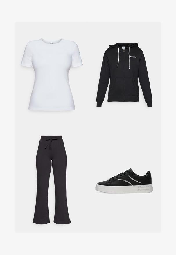 Champion GRAPHIC FULL ZIP HOODIE - Sweatjakke - black; Hvid kortærmet t-shirt lavet af bomuld, med rund halsudskæring og slim fit. Ingen mønstre eller detaljer synlige.; Sorte flagrende sweatpants lavet af blødt stof med en snøre i taljen og en glat overflade. Designet til komfort og let anvendelse.; Sort læder sneakers med hvid sål, prydet med tynde sølv accenter og snørelukning. Glat tekstur med mærkedetaljer på hælen.