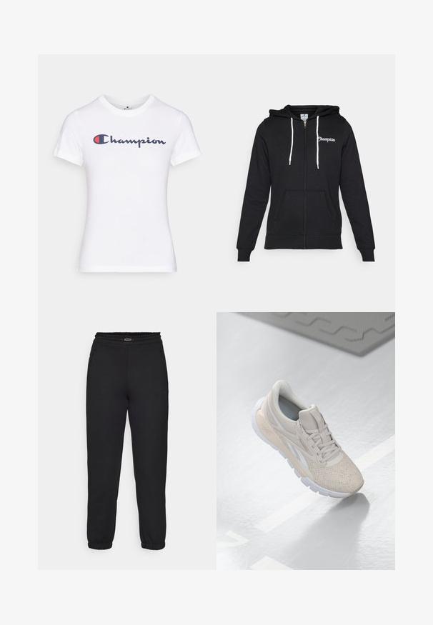 Champion GRAPHIC FULL ZIP HOODIE - Sweatjacke - black; Weißes Baumwoll-T-Shirt mit Rundhalsausschnitt und kurzen Ärmeln, verziert mit dem navyfarbenen und roten "Champion"-Logo über der Brust.; Champion C-TECH CUFFED PANTS INTERLOCK - Jogginghose - black; Hellbeige Sportschuh mit einem perforierten Obermaterial, strukturierten Akzenten, gepolstertem Schaftrand und weißer Gummisohle, entworfen für Komfort und Atmungsaktivität.