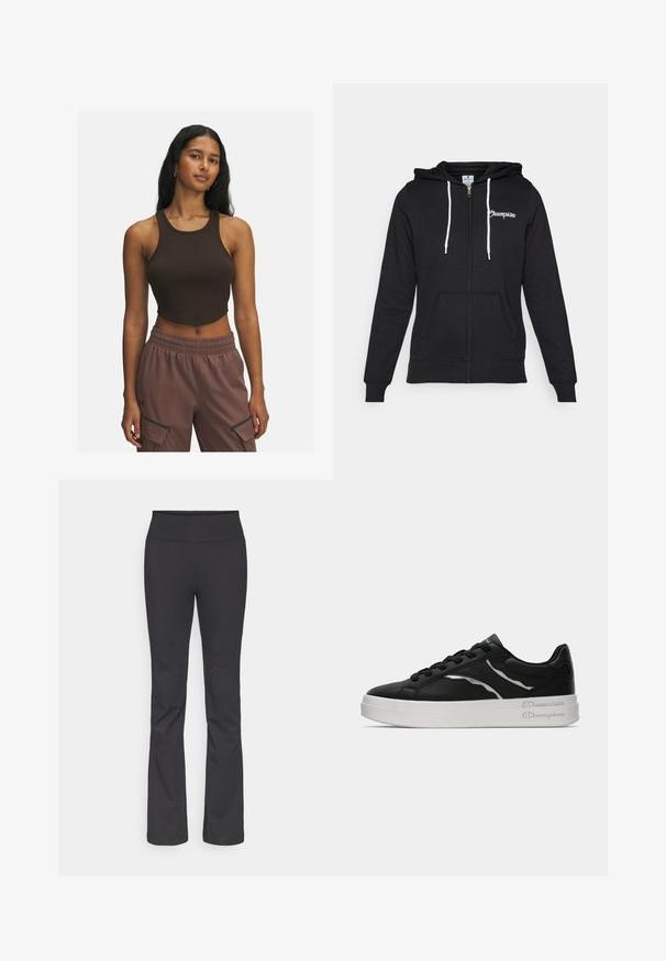 Champion GRAPHIC FULL ZIP HOODIE - Užtrauktuku užsegamas treningas - black; Ruda raižyta trumpa palaidinė su apvalia iškirpte ir minimaliais siūlais, derinama su šviesiai rudomis kelnėmis, turinčiomis šonines kišenes ir elastingą juosmenį.; Juodos plačios kelnės su aukštu juosmeniu, pagamintos iš tamprių audinių su lygiu paviršiumi, be matomų raštų ar detalių.; Juoda odinė sportinė avalynė su balta padu, turinti plonus sidabrinius akcentus ir raištelių dizainą. Lygus paviršius su prekės ženklo detalėmis ant kulno.