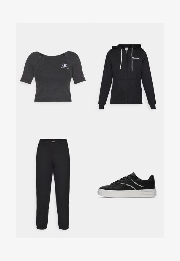 Champion GRAPHIC FULL ZIP HOODIE - Mikina so zipsom - black; Čierne rebrované krátke tričko s krátkym rukávom, s okrúhlym výstrihom a bielou vyšitou logom na ľavej hrudi a rukáve.; Champion C-TECH CUFFED PANTS INTERLOCK - Tepláky - black; Čierne kožené tenisky s bielou podrážkou, s tenkými striebornými akcentmi a viazaním. Hladký povrch s logom na päte.